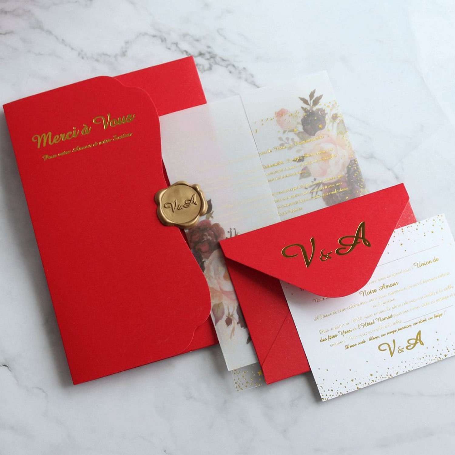 Frosted Acrylic Invitation Card with Vellum Paper Cover Foiling Red Envelope 